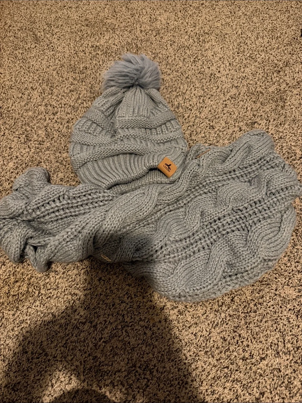 Knit Pom Beanie and Cable Scarf Set - Light Gray - Women’s Accessories